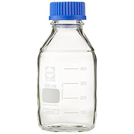 Borosilicate Glass Media Bottles, 250 ml, GL-45, Blue Caps, Schott, case/10